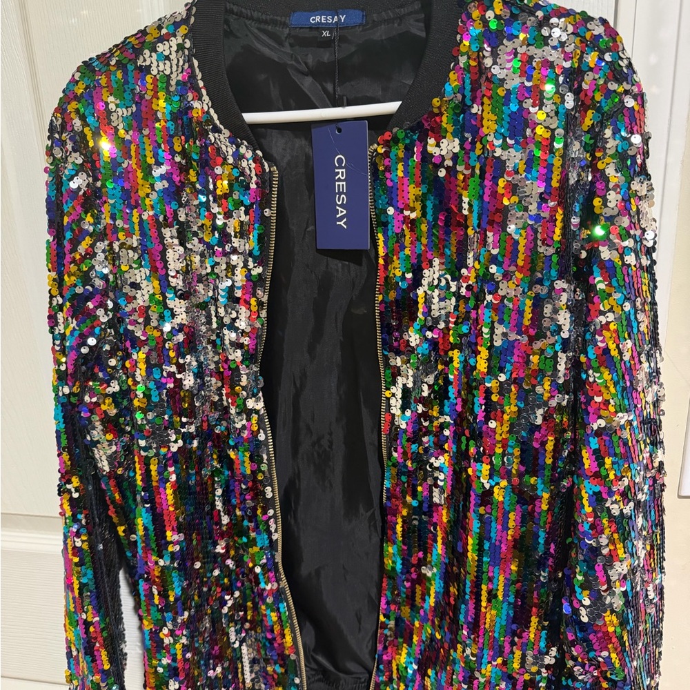 Multicolor Sequin Bomber Jacket with Black Trim